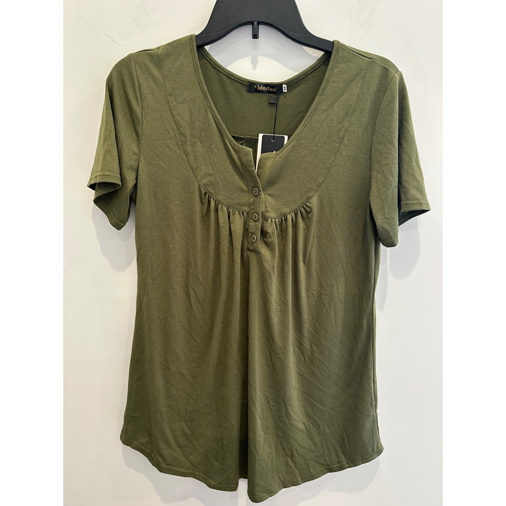 Vidarton Womens Olive Green Henley Short Sleeve Pleated Blouse Top Size M NWT